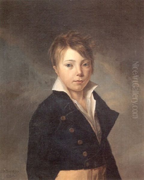 A Portrait Of A Boy, With A Blue Jacket Oil Painting by Jean-Baptiste Borely