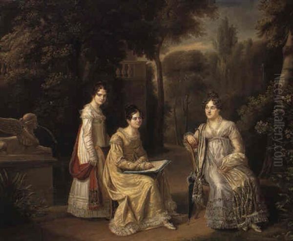 Portrait Of Three Ladies, One Sketching, In A Park Oil Painting by Jean-Baptiste Borely