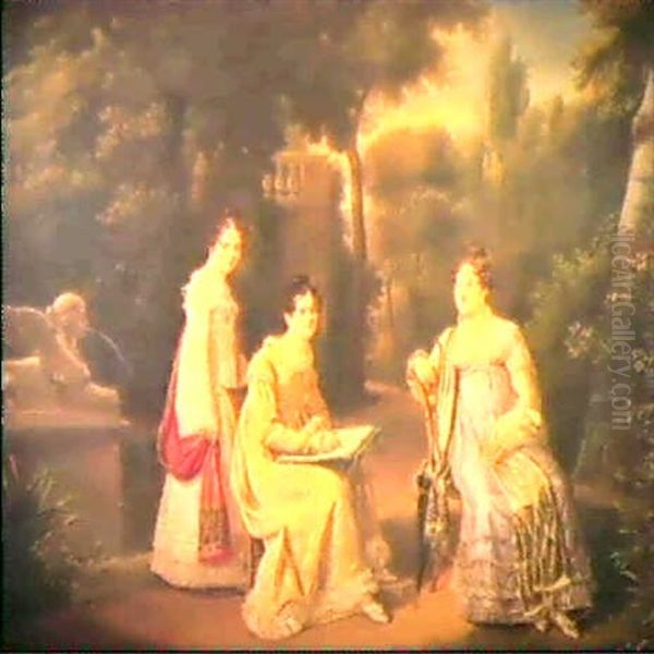 Three Elegant Ladies In A Garden Oil Painting by Jean-Baptiste Borely