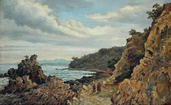 Coastal Scene With Maori Figures Oil Painting by Albert Edward Aldis