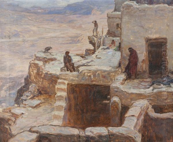 A Desert Fortress, Acoma Or Walpi Pueblo, Nm Oil Painting by Carl Oscar Borg