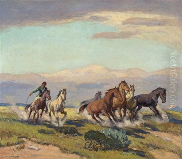 Navajo Herding Wild Horses Oil Painting by Carl Oscar Borg