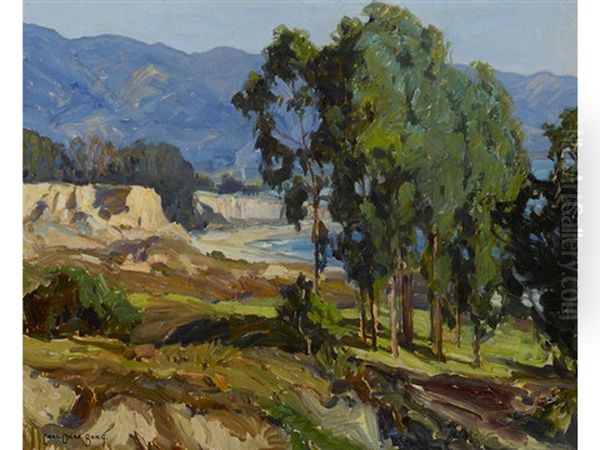 Landscape With Eucalyptus Grove, Cliffs, Beach, Sea And Mountains Beyond Oil Painting by Carl Oscar Borg