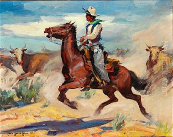 A Cowboy On His Horse In A Herd Of Cattle Oil Painting by Carl Oscar Borg