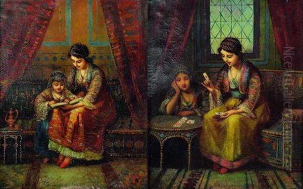 Mere Et Sa Fille Lisant Dans Un Decor Oriental (+ Deux Femmes Orientales Jouant Aux Cartes; 2 Works) Oil Painting by Frederic Borgella