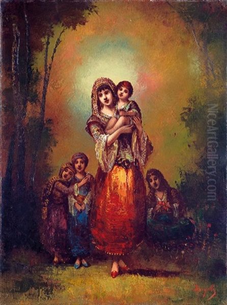 Jeune Femme Et Les Enfants Oil Painting by Frederic Borgella