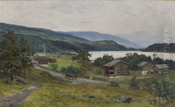 Hest Og Vogn Pa Landevei Med Gardsbruk Oil Painting by Hans Frederik Henriksen Borgen