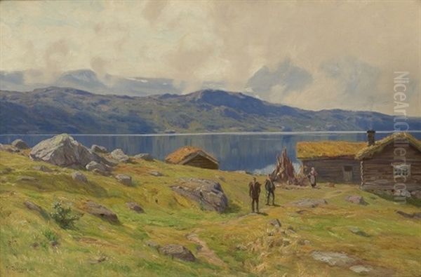 Setervoll Ved Innsjo Med Folkeliv Oil Painting by Hans Frederik Henriksen Borgen