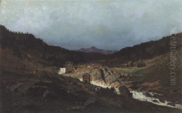 Landskap Med Foss Og Sag Oil Painting by Hans Frederik Henriksen Borgen