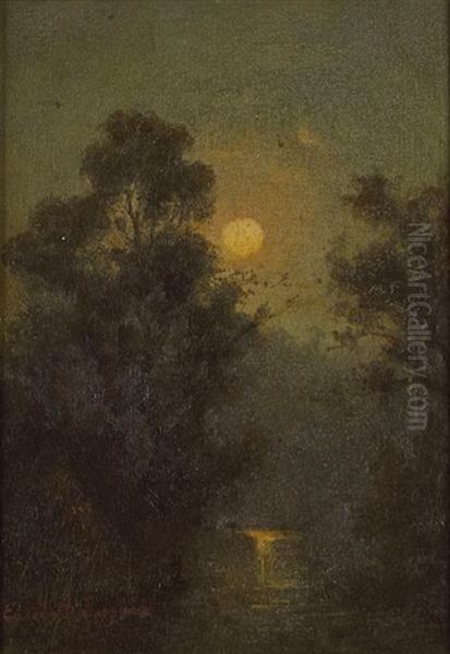 Moonlight Landscape (+ Sunset Landscape, Smllr; 2 Works) Oil Painting by Elizabeth Borglum