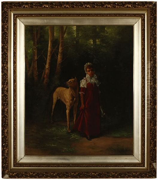 Girl And Dog In A Forest Interior Oil Painting by Elizabeth Borglum