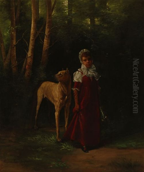 Girl And Dog In A Forest Interior Oil Painting by Elizabeth Borglum