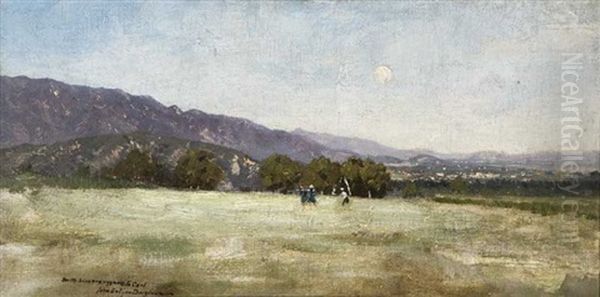 Figures In Landscape (looking East Towards Monrovia, Ca) Oil Painting by Gutzon (John-Gutzon-Mothe) Borglum