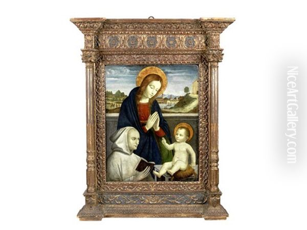 The Madonna And Child With A Carthusian Monk Oil Painting by Ambrogio Borgognone