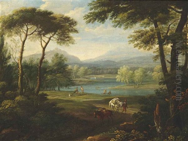 A Wooded River Landscape With Travellers On A Path And Fishermen On A Shore, Mountains Beyond Oil Painting by Francesco Ignazio Borgognone