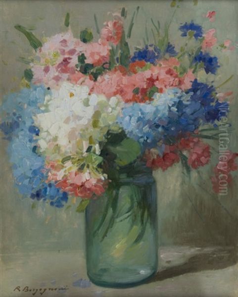 Natura Morta Con Vaso Di Fiori (+ Another, Smllr; 2 Works) Oil Painting by Romeo Borgognoni