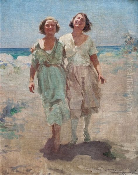 Jovenes En La Playa Oil Painting by Mario Borgoni