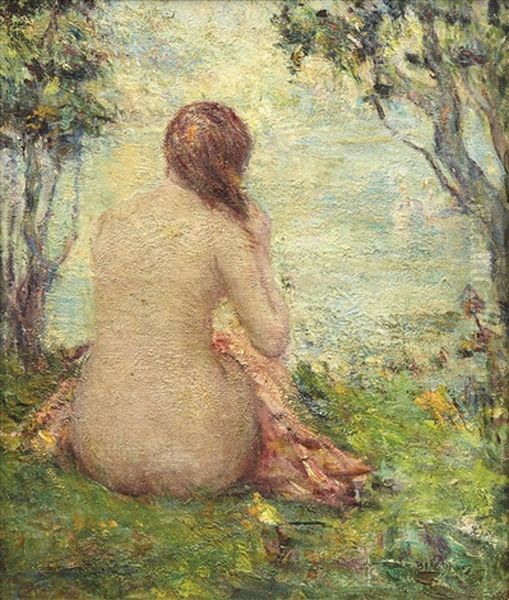 Jeune Femme Nue De Dos Assise Au Bord Du Lac Oil Painting by Martin Borgord