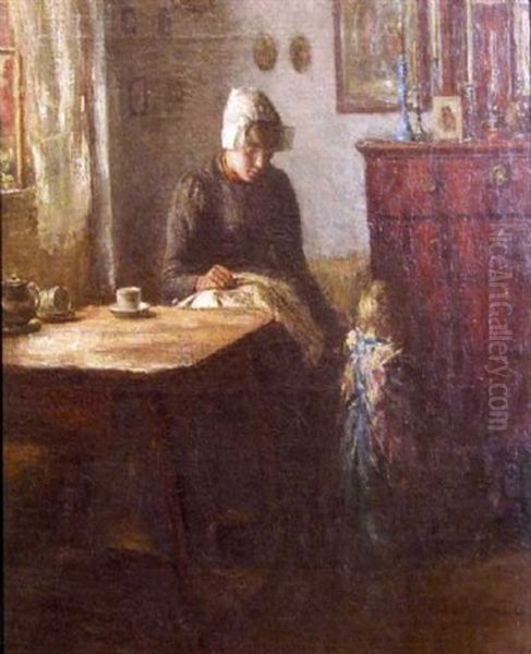 Dutch Interior Scene With Woman And Child Oil Painting by Martin Borgord