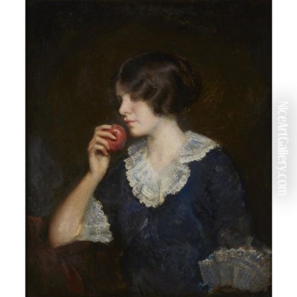 Lady With Apple Oil Painting by Adolphe Borie