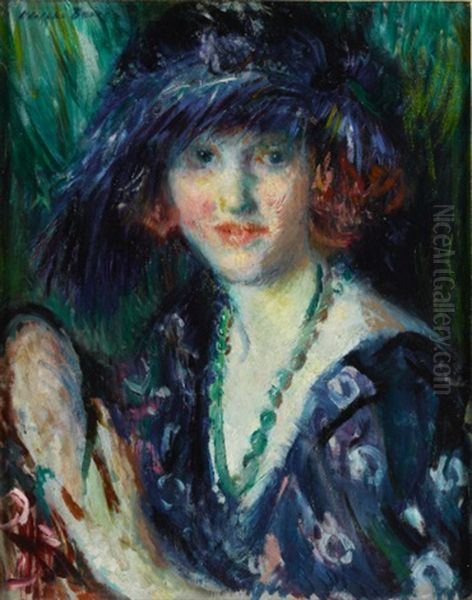 The Blue Feathered Hat Oil Painting by Adolphe Borie