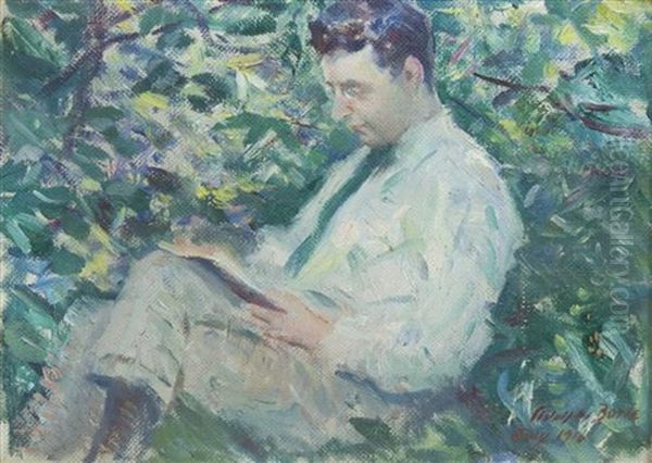 Man Reading In The Garden Oil Painting by Adolphe Borie