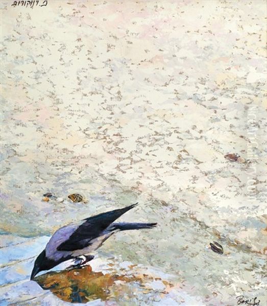 Crow On The Beach Oil Painting by Laszlo Boris