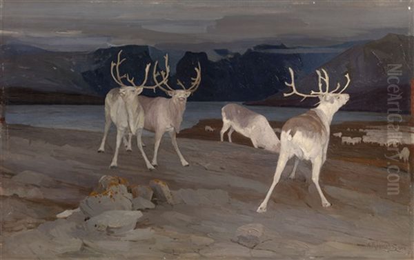 Reindeer Keeping Watch Oil Painting by Alexandr Alekseevich Borisov