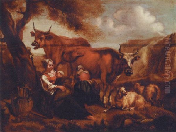 Milkmaids With A Sleeping Child, Cows And Sheep In A Mountainous Landscape, A Cowherd In The Distance by Abraham Borm