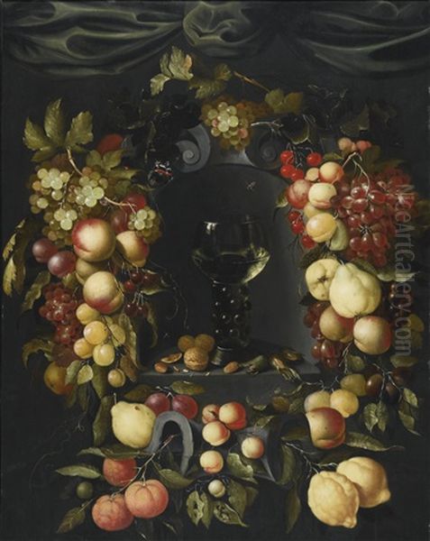 A Roemer With Walnuts And Almonds In A Niche Surrounded By A Garland Of Fruits, With Wasps And Ladybirds, And A Canopy Above Oil Painting by Johannes Borman