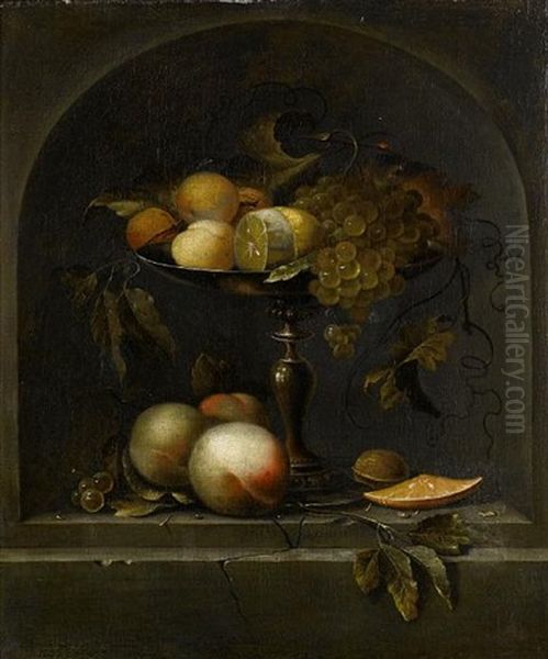 Peaches, Grapes And A Lemon In A Silver Gilt Tazza With Peaches, Walnuts And An Orange In A Stone Niche Oil Painting by Johannes Borman