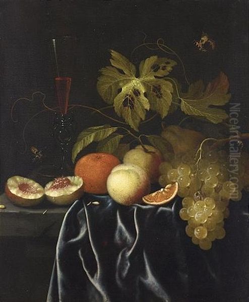 A Still Life Of Peaches, An Orange, Grapes And A Venetian Glass Of Red Wine On A Ledge With A Butterfly, A Wasp And A Caterpillar Oil Painting by Johannes Borman