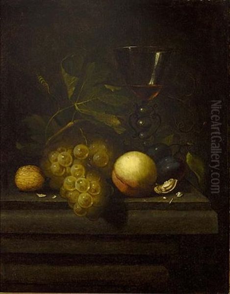 A Still Life With Walnuts, A Peach, Prunes, Grapes And A Glass, All On A Wooden Table Oil Painting by Johannes Borman