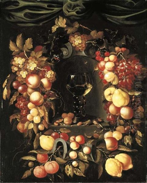 A Roemer With Walnuts And Almonds In A Niche Surrounded By A Garland Of Lemons, Peaches, Apricots, Oranges, Cherries And Grapes With A Red Admiral, Wasps And Ladybirds, A Canopy Above Oil Painting by Johannes Borman