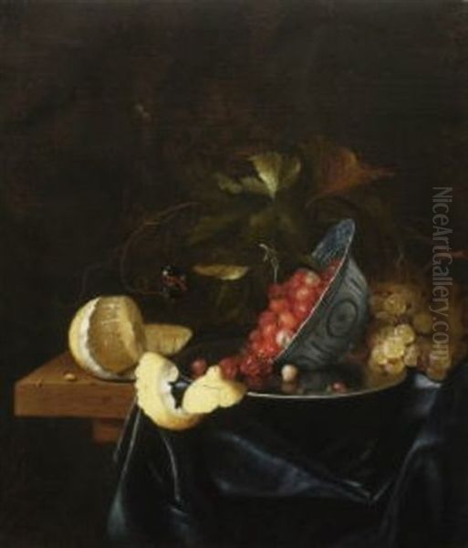 Stillleben Mit Erdbeeren In Einer Porzellanschale, Geschalter Zitrone Und Trauben. Auf Dem Weinlaub Ein Schmetterling, Im Hintergrund Eine Wespe Oil Painting by Johannes Borman