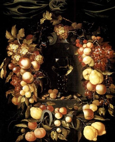 A Roemer With Walnuts And Almonds In A Niche Surrounded By A Garland Of Lemons, Peaches, Apricots, Oranges, Cherries And Grapes With A Red Admiral, Wasps And Ladybirds And A Canopy Above Oil Painting by Johannes Borman