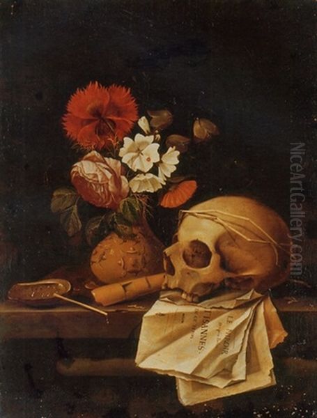 A Vanitas Still Life With A Skull, Flowers In A Vase, An Haliotis, A Flute And Pages From Le Miroir Des Plus Belles Courtisannes De Ce Temps Oil Painting by Johannes Borman