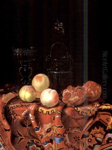 Peaches, Pomegranates, A Venetian Glass And A Glass Vessel With A Butterfly Nearby, On A Carpeted Table Oil Painting by Johannes Borman