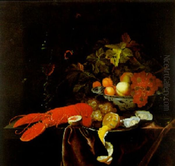 Stilleben Mit Fruchten In Einer Mingschale, Einem Hummer Und Einem Weinglas Auf Einem Tisch Oil Painting by Johannes Borman