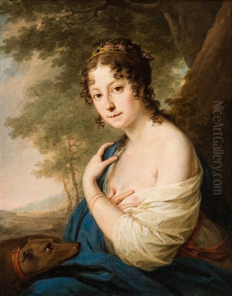 Diana, Based On The Same Composition Of The Goddess By Borovikovsky`s Teacher, Johann Baptist Lampi Oil Painting by Vladmir Lukich Borovikovsky