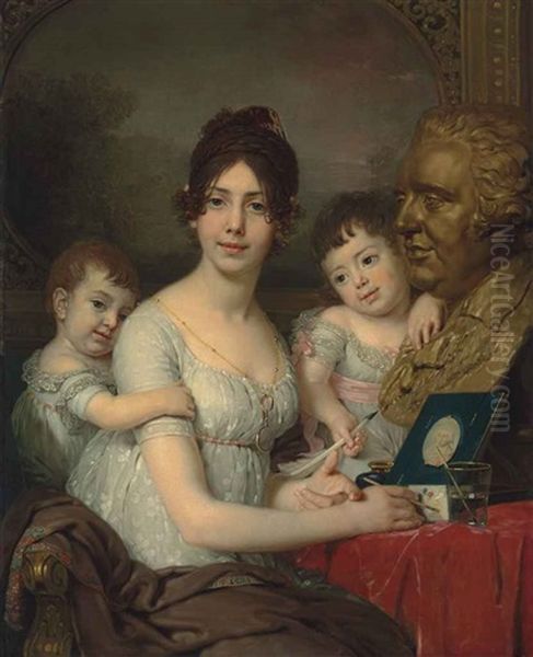 Portrait Of Countess Liubov Il'inichna Kusheleva, Nee Bezborodko (1783-1809) With Children Aleksandr (1800-1855) And Grigorii (1801-1855) Oil Painting by Vladmir Lukich Borovikovsky