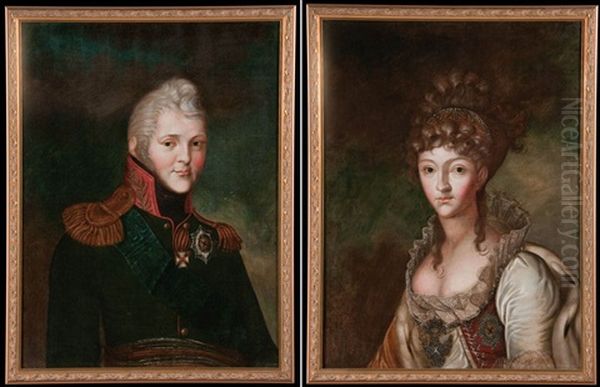 Portrait Of Emperor Alexander I (+ His Consort Empress Elizaveta Alekseevna; Pair) Oil Painting by Vladmir Lukich Borovikovsky