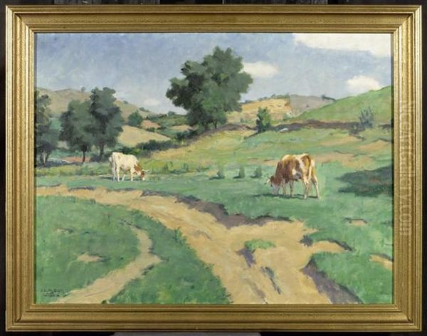 Cows In The Field Oil Painting by Janos Laszlo Aldor