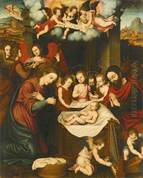 The Nativity With Angels Playing Music Oil Painting by Nicolas Borras