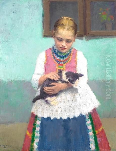 Playing With A Kitten Oil Painting by Janos Laszlo Aldor