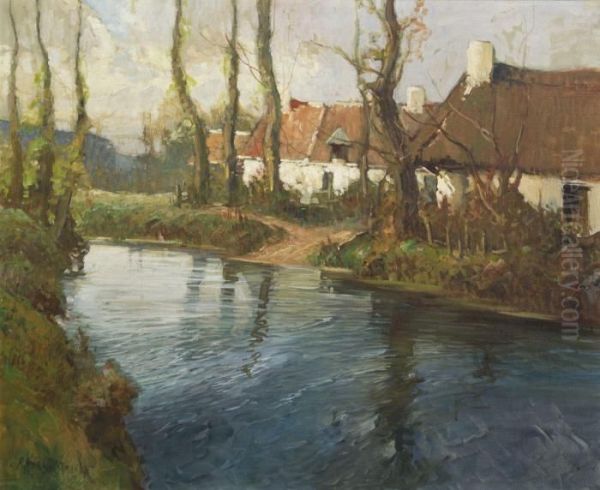 Cottages Along The River Oil Painting by George Ames Aldrich