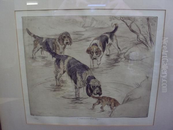 Four Dogs In A Shallowstream Oil Painting by George Ames Aldrich