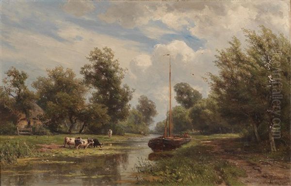 Cows Grazing On The Canal Bank Oil Painting by Jan Willem Van Borselen