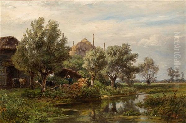 Dutch Polder Landscape With Pollard Willows And Farmer With Cows By The Waterside Oil Painting by Jan Willem Van Borselen