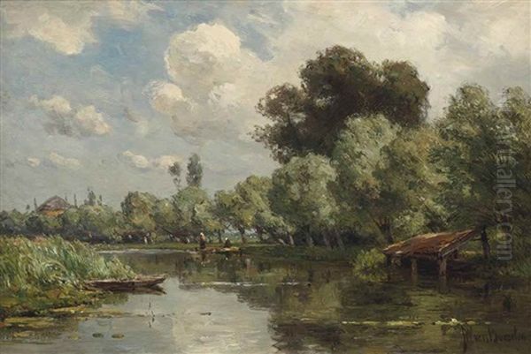 A River Landscape With A Boathouse Oil Painting by Jan Willem Van Borselen